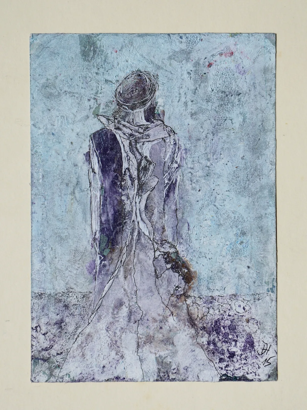 frau im lila kleid,10,5x 15cm ,acryl,tusche auf papier 2015